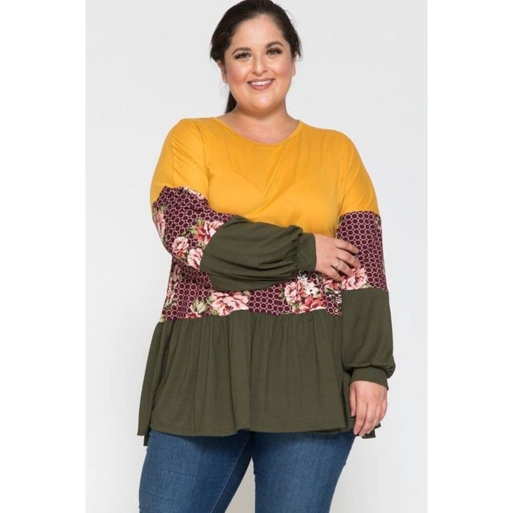 Plus Size Color Block Patchwork Long Sleeve Floral & Honeycomb Top 3X